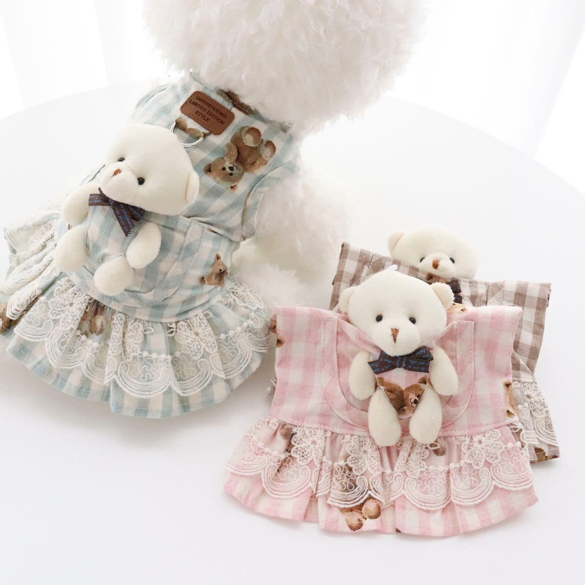 Linen Mesh D-ring Dress w/bear, S-XL, Dog Clothes, Pet Clothing, Dog-one piece, Pet dress, Dog check-shirt, Dog Top, Dog Apparel - NKpup