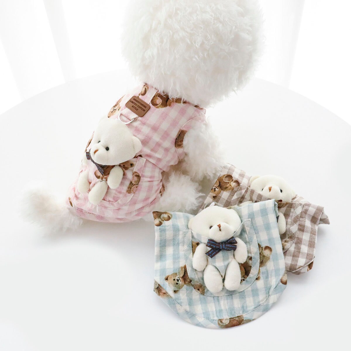 NKpup Teddy Bear Pocket D-Ring Dog Vests in pink, blue, and brown gingham patterns