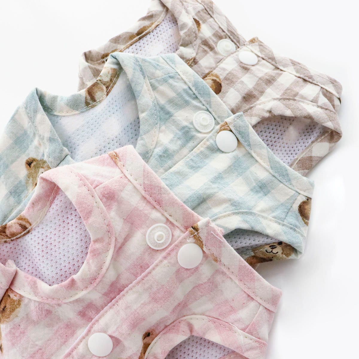 NKpup Teddy Bear Pocket D-Ring Dog Vests in pink, blue, and brown gingham patterns.