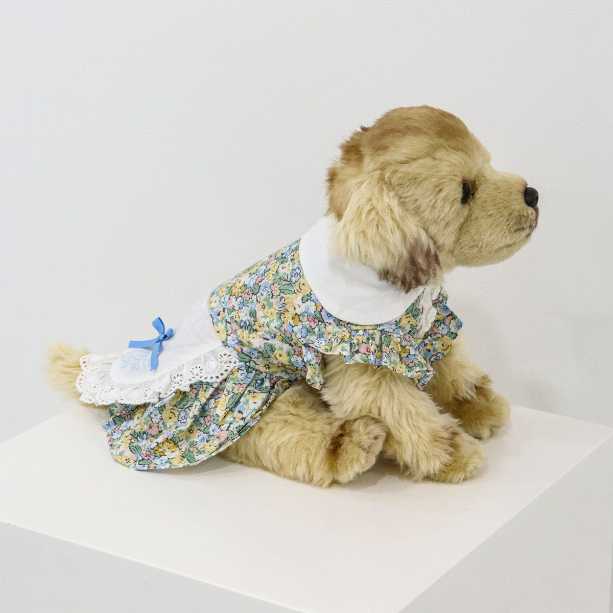NKpup Floral Pinafore Dog Dress with white collar and blue bow detail