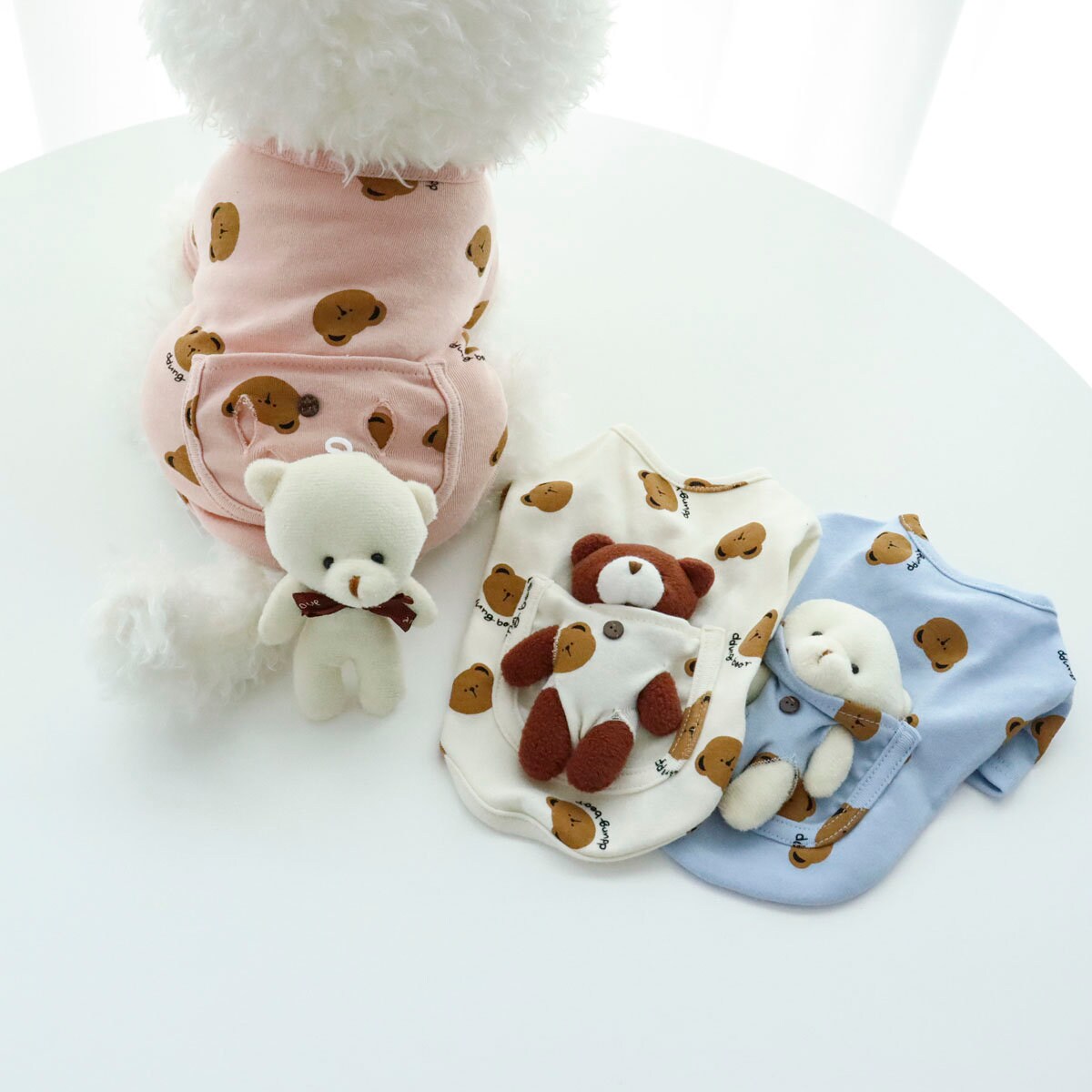 Bear Pocket Dog Shirts in pink, cream, and blue with cute teddy bear patterns and plush bear accents.