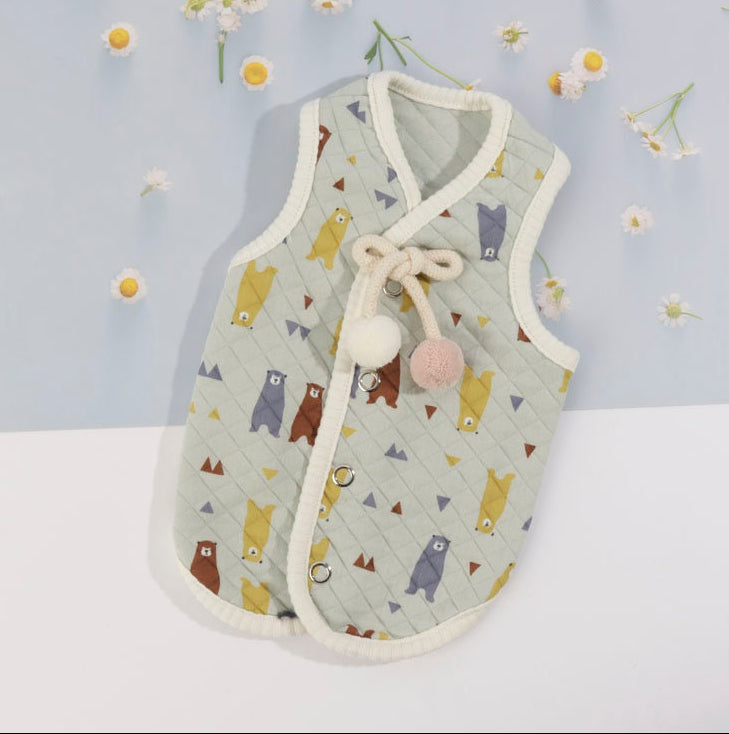 NKpup Bear Quilted Dog Vest in light green with bear pattern and pom-pom tie
