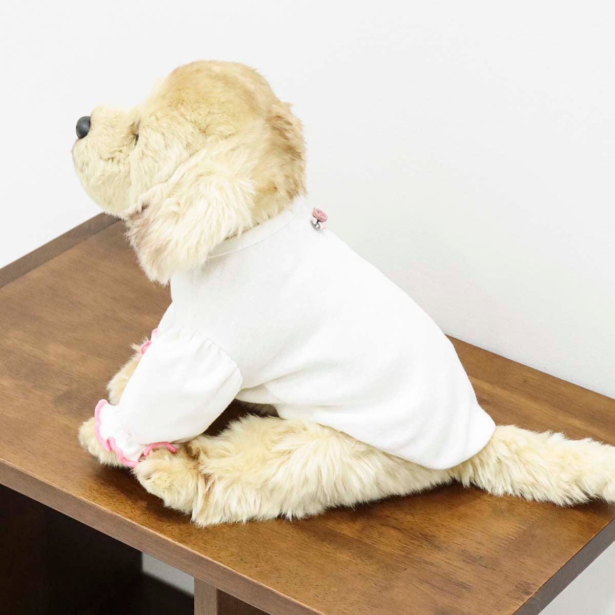 White NKpup puff sleeve T-shirt for dogs with pink ruffled trim.