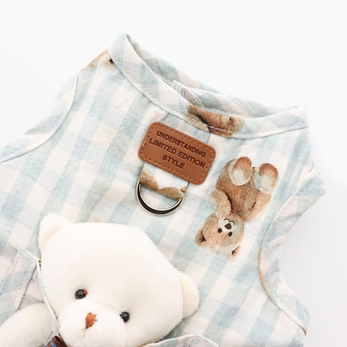 Linen Mesh D-ring Dress w/bear, S-XL, Dog Clothes, Pet Clothing, Dog-one piece, Pet dress, Dog check-shirt, Dog Top, Dog Apparel - NKpup