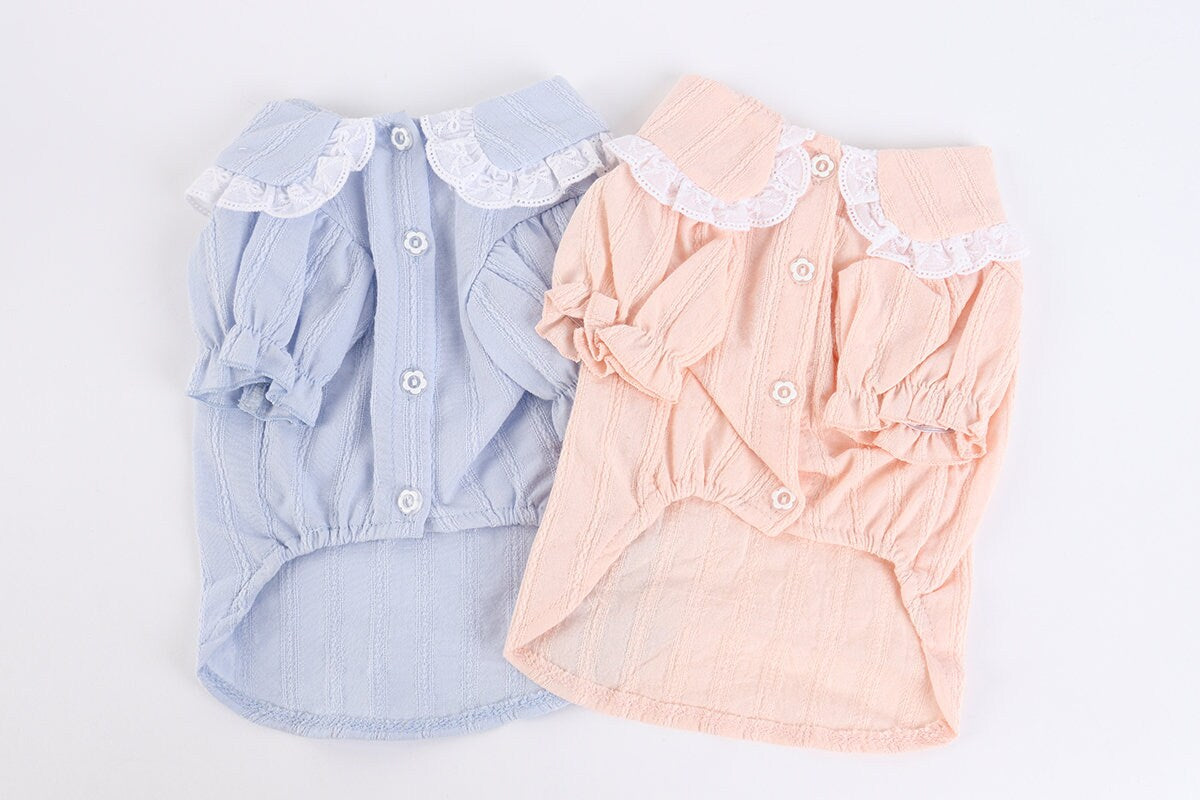 NKpup Lace Puff Blouse dog shirts in light blue and peach with ruffled collars and button details