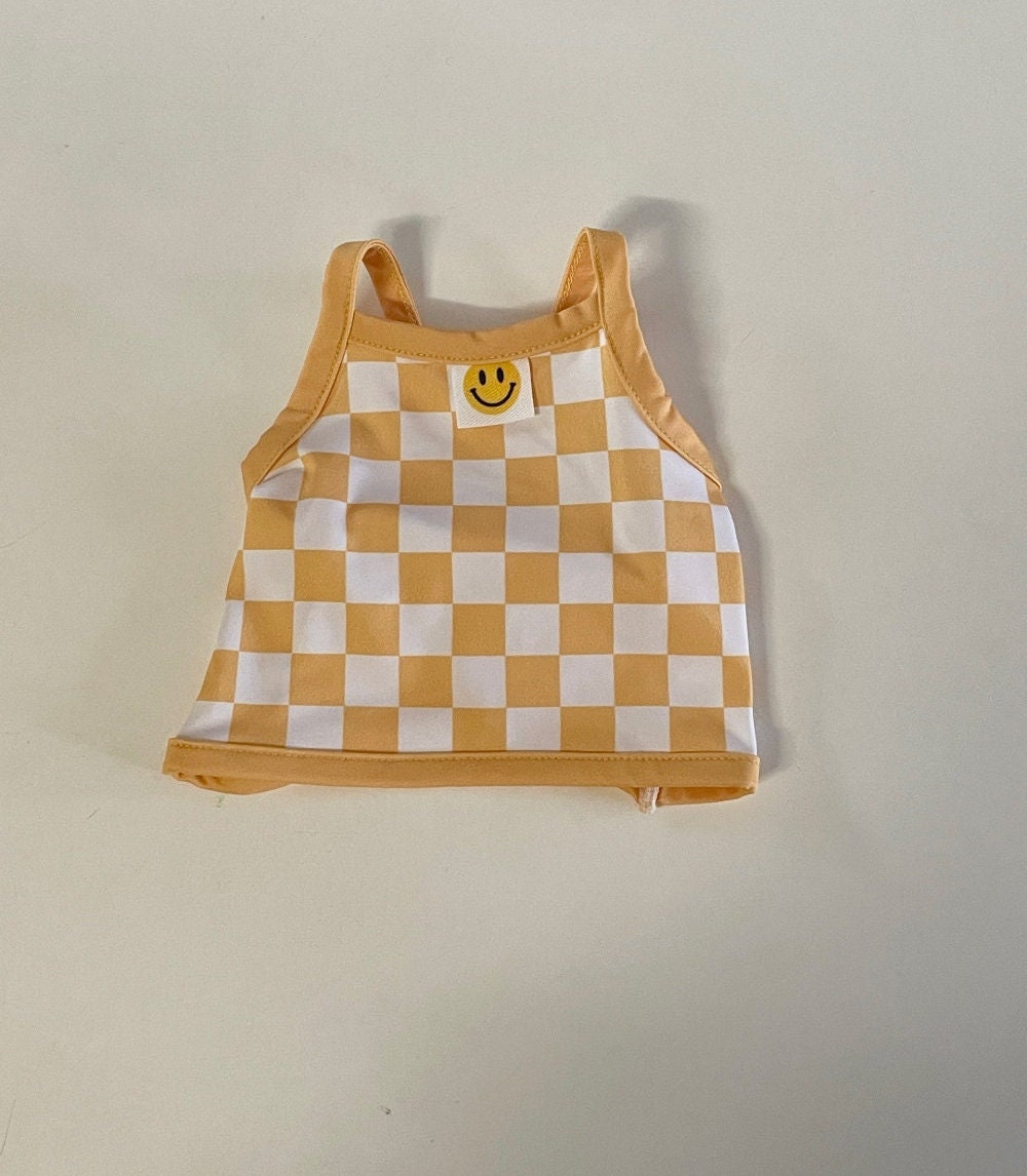 NKpup Cooling Check Crop Top dog shirt in yellow and white checkered pattern with a smiley face patch