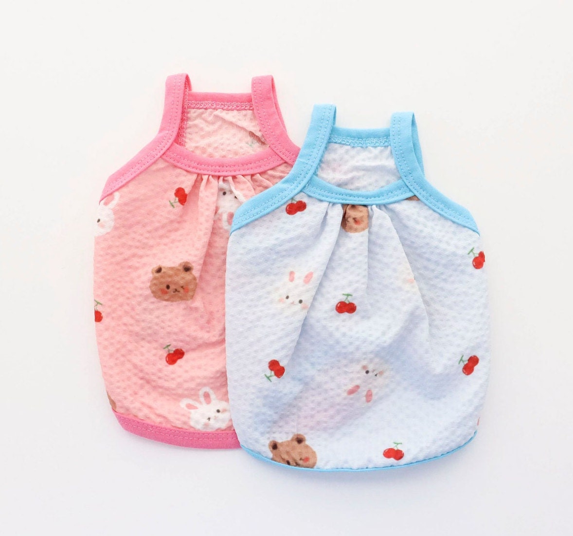 Yoryu Play Top pet sleeveless shirts in pink and blue with bear and cherry patterns