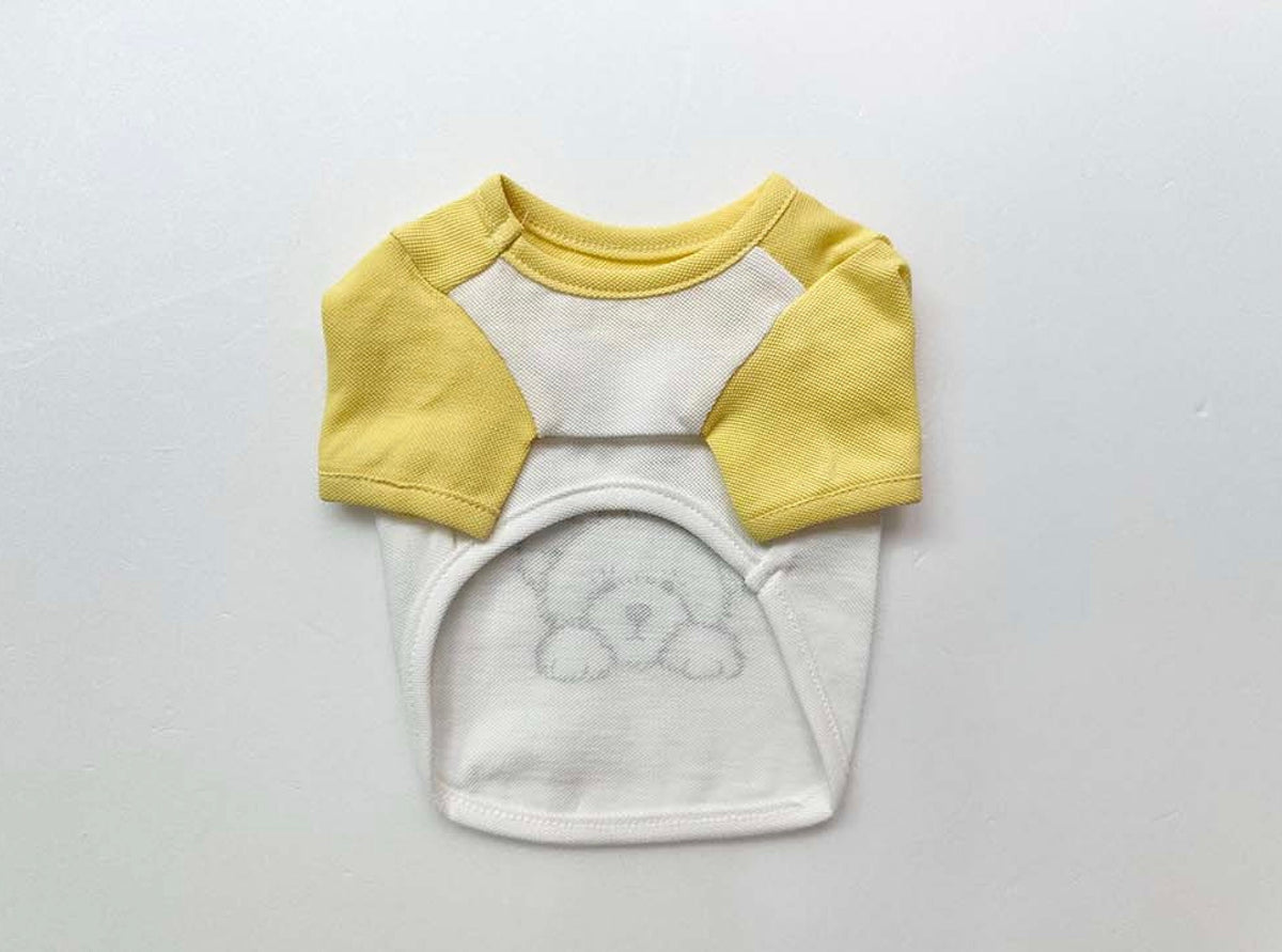 NKpup Boston Color-Block Tee for dogs in yellow and white with a small dog graphic.
