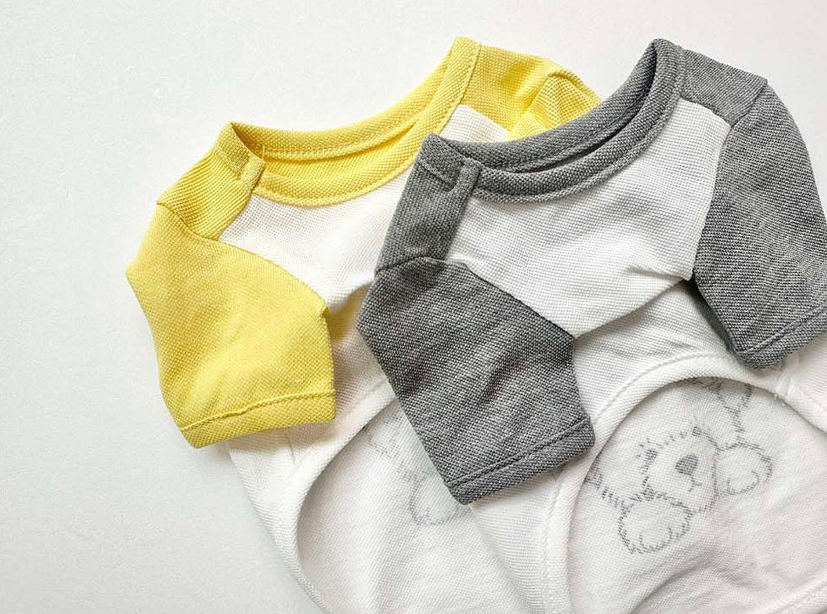 NKpup Boston Color-Block Tee dog shirts in yellow and grey with white panels.