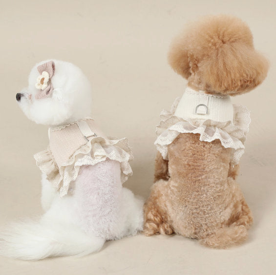 Two small dogs wearing organic cotton frilled harnesses in light pink and cream colors.