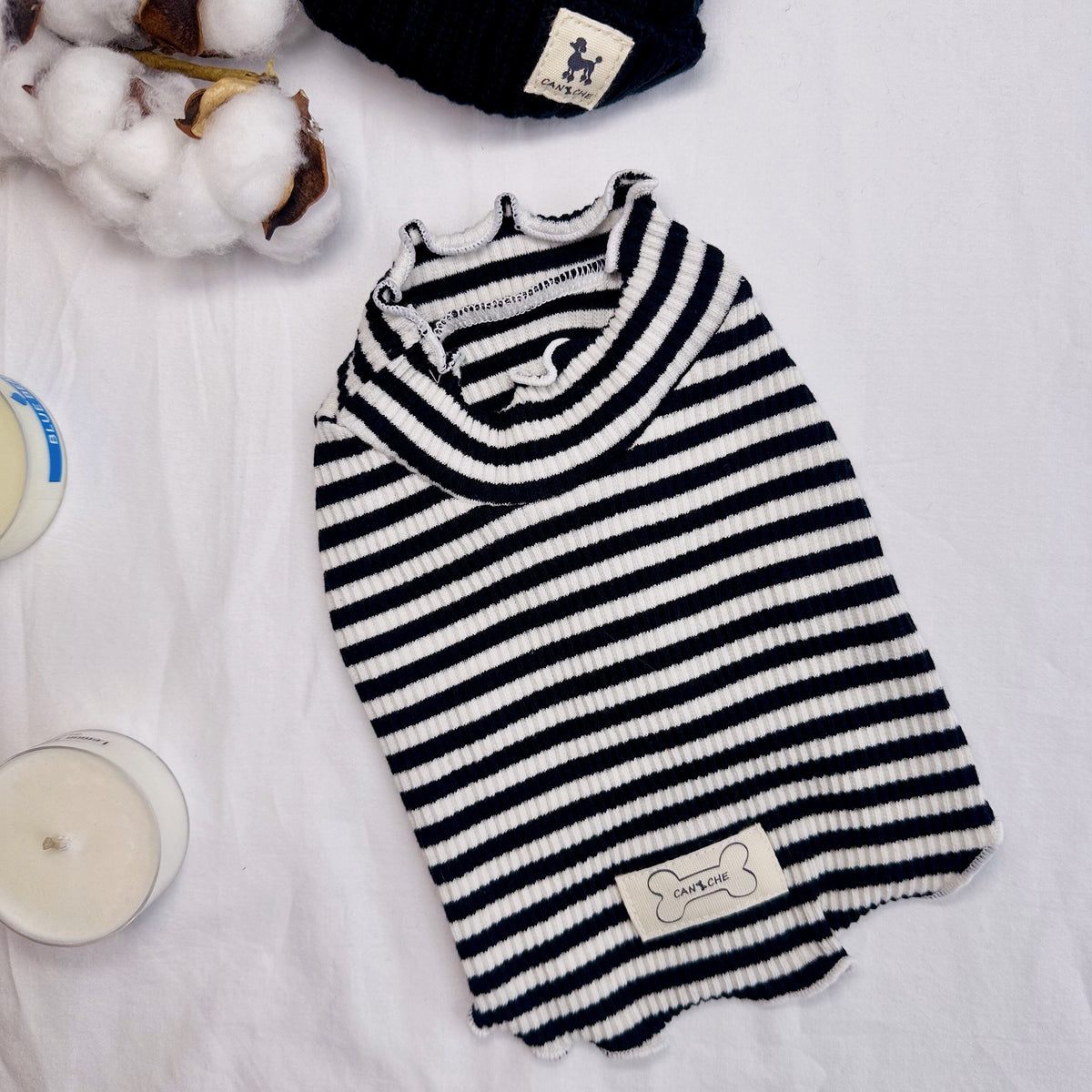 NKpup striped ribbed dog crop shirt with a high collar in navy blue and white.