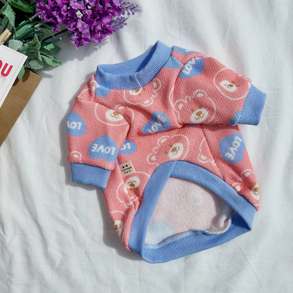 NKpup Love Bear dog shirt in pink and blue with bear and heart patterns