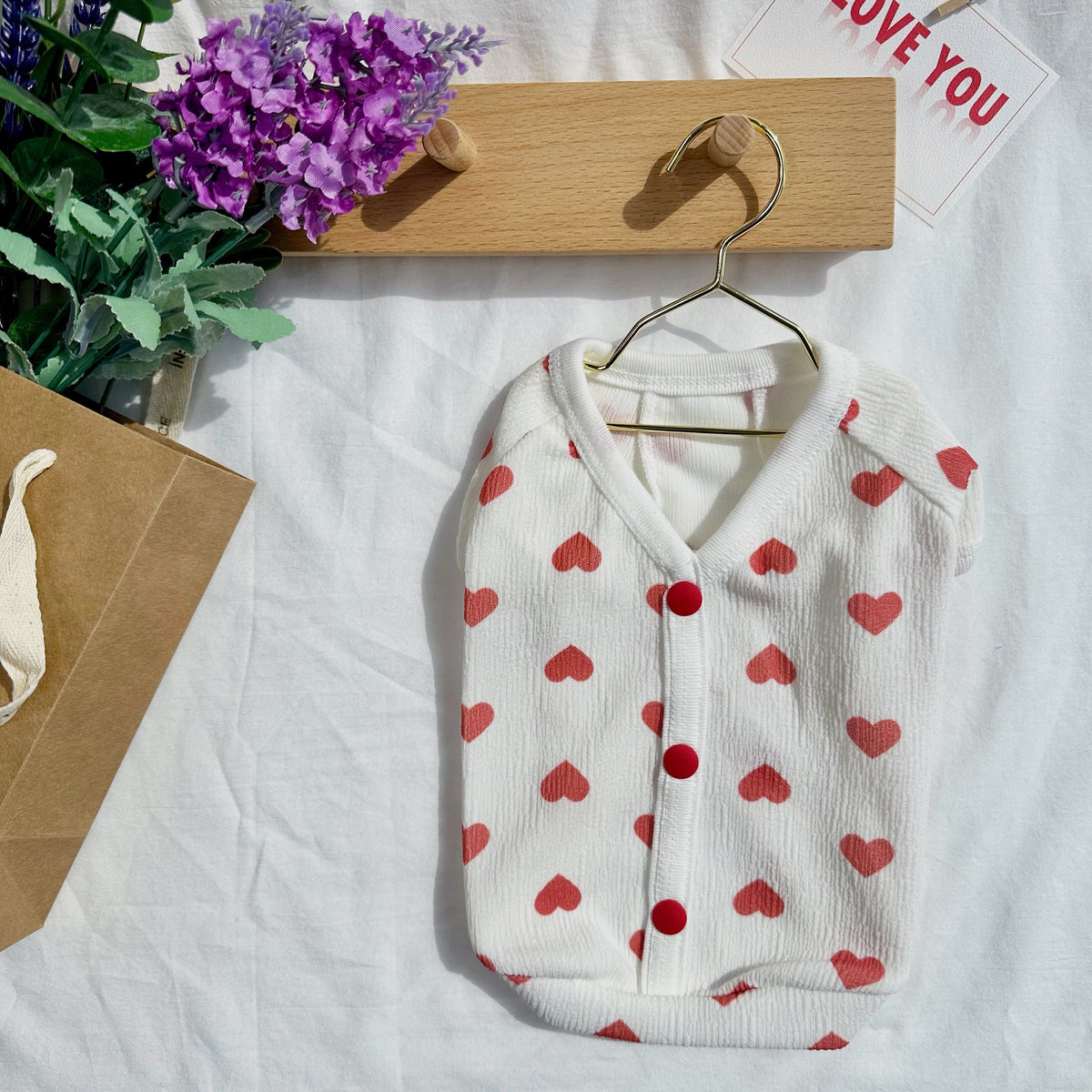 NKpup white dog shirt with red heart pattern and red buttons