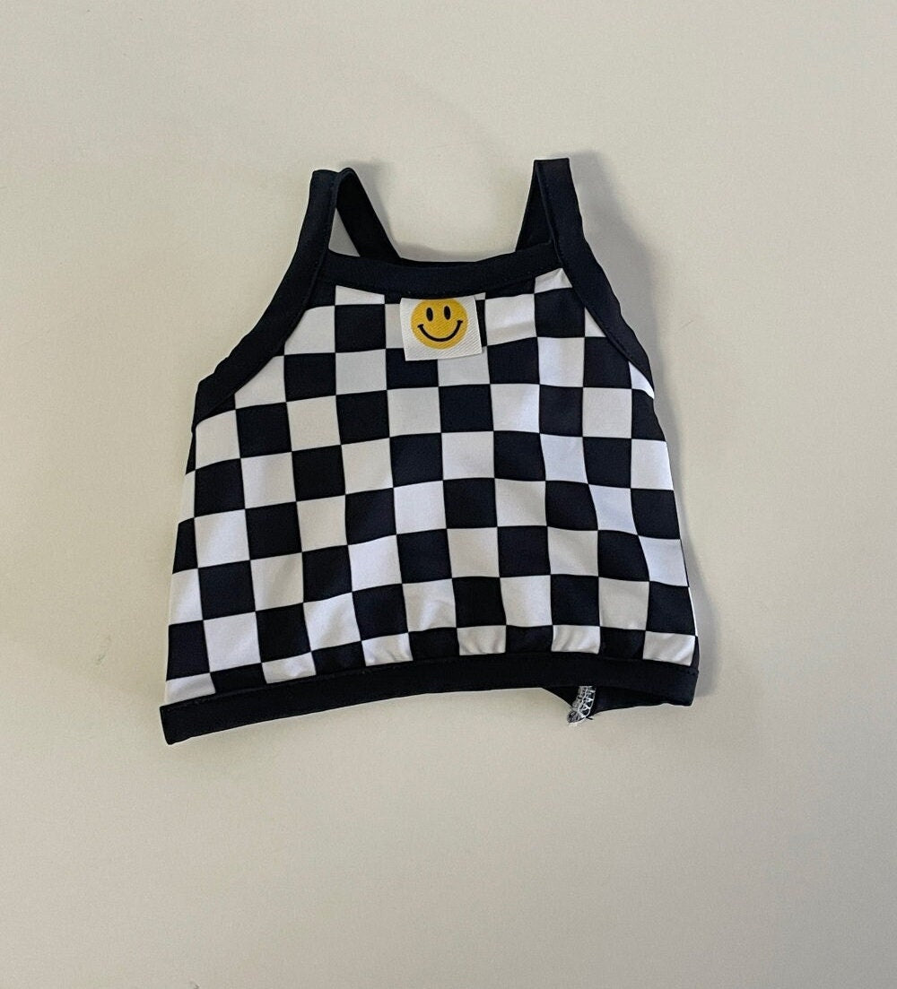 NKpup cooling check crop top dog shirt with black and white checkers and a yellow smiley face patch