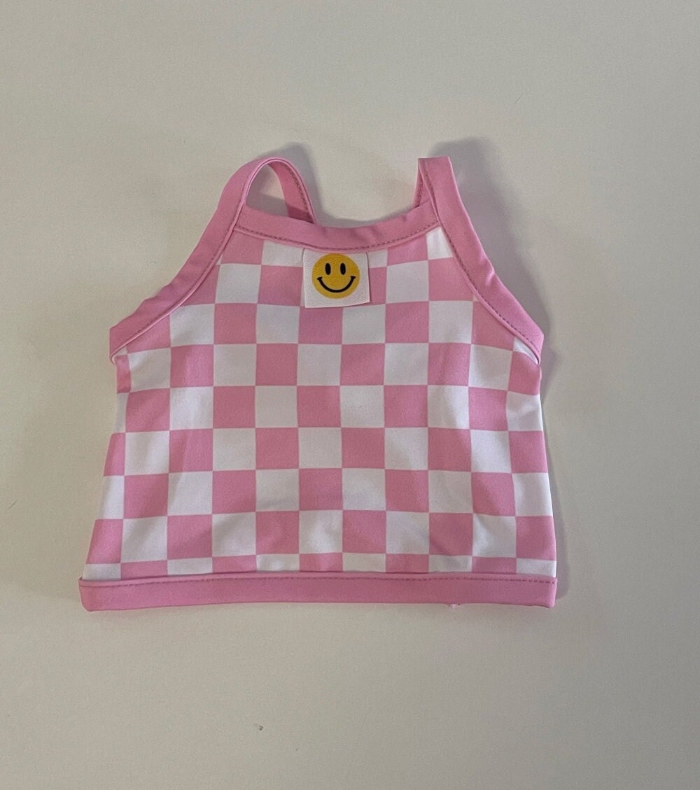 NKpup pink and white checkered cooling check crop top dog shirt with a yellow smiley face patch