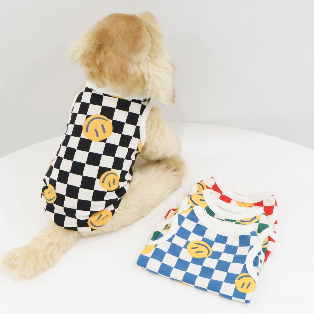 Smile Checked Sleeveless, S-XL, Dog-Tee, Dog T-shirt, Dog Top, Dog Clothing, Dog Fashion, Dog Apparel, Undershirt for Dogs