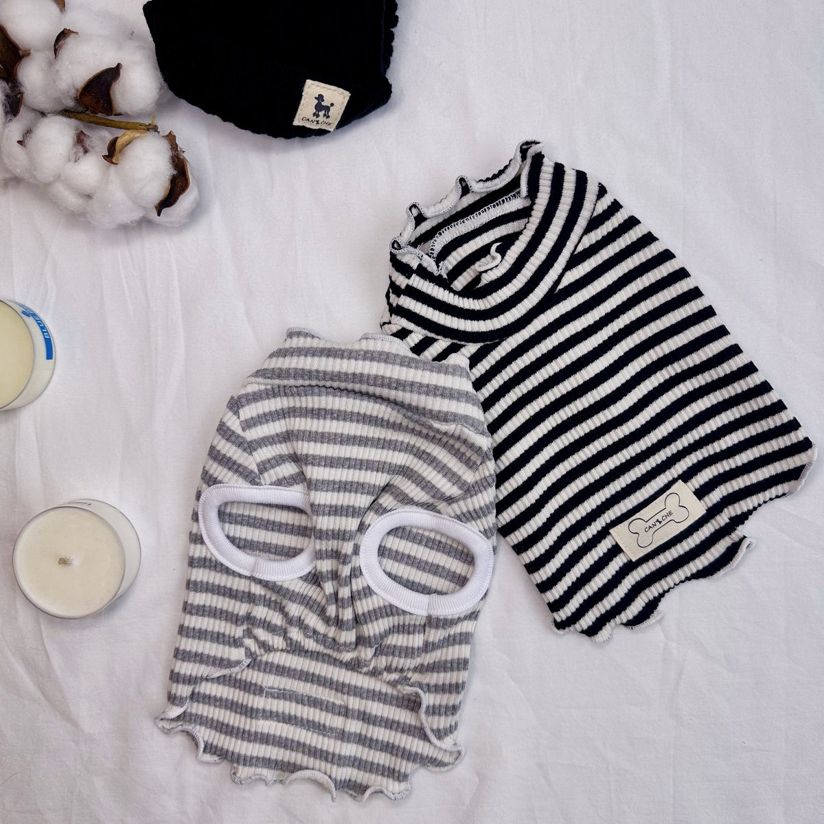 NKpup striped ribbed dog crop shirts in black and white and grey and white patterns