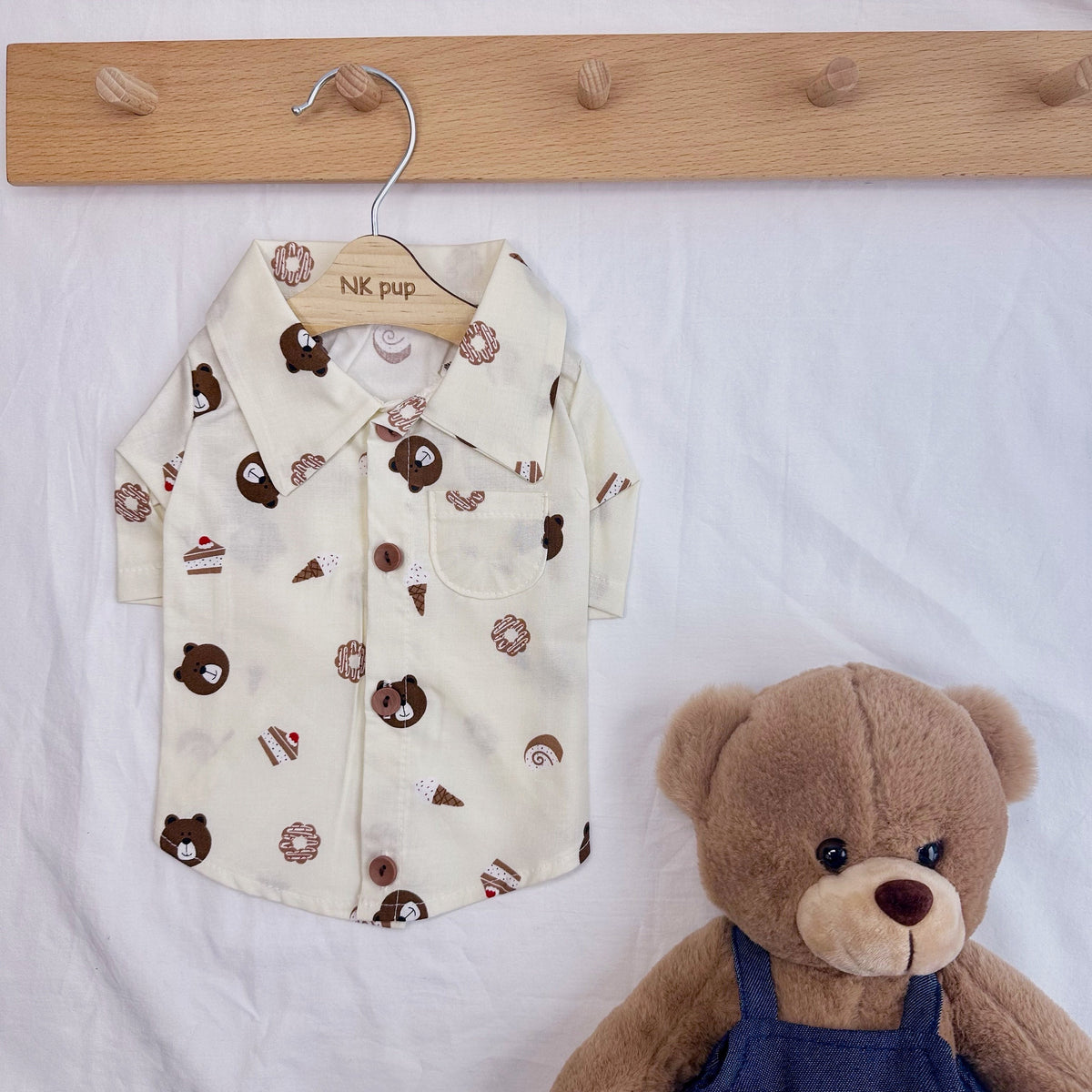 Sweet Treats Bear dog pajamas shirt in cream with bear and dessert patterns