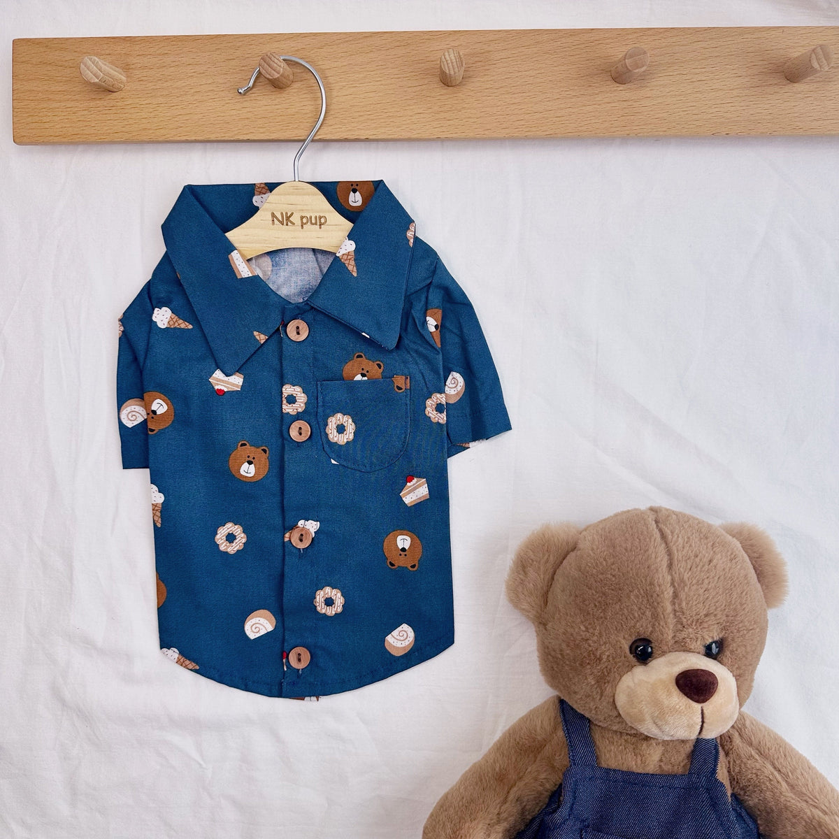 NKpup Sweet Treats Bear dog pajamas shirt in blue with bear and dessert patterns