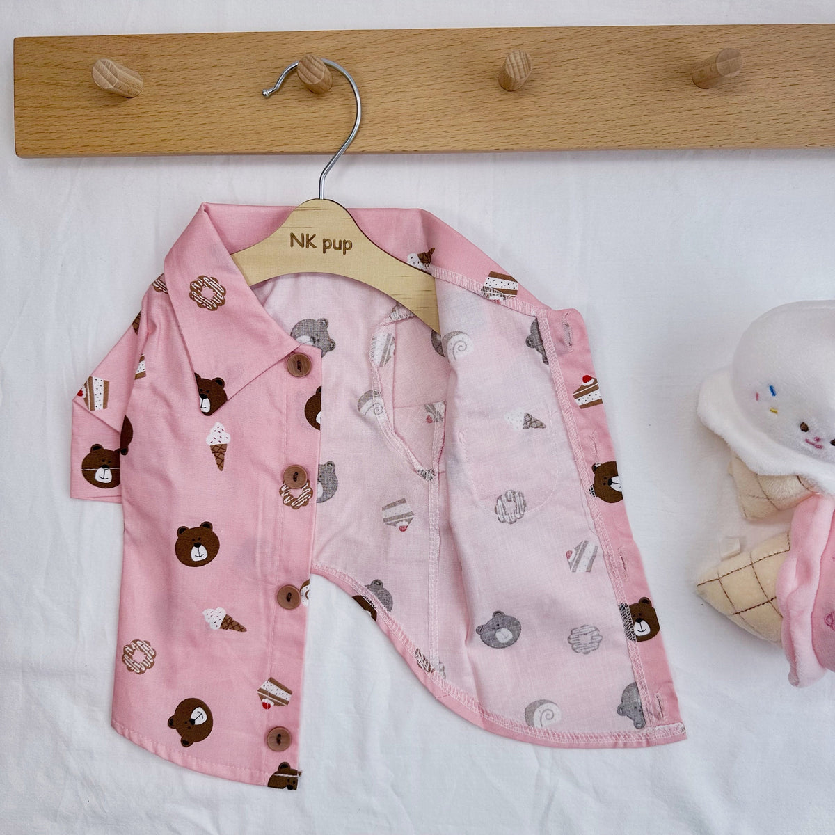 Sweet Treats Bear dog pajamas shirt in pink with bear and ice cream patterns.