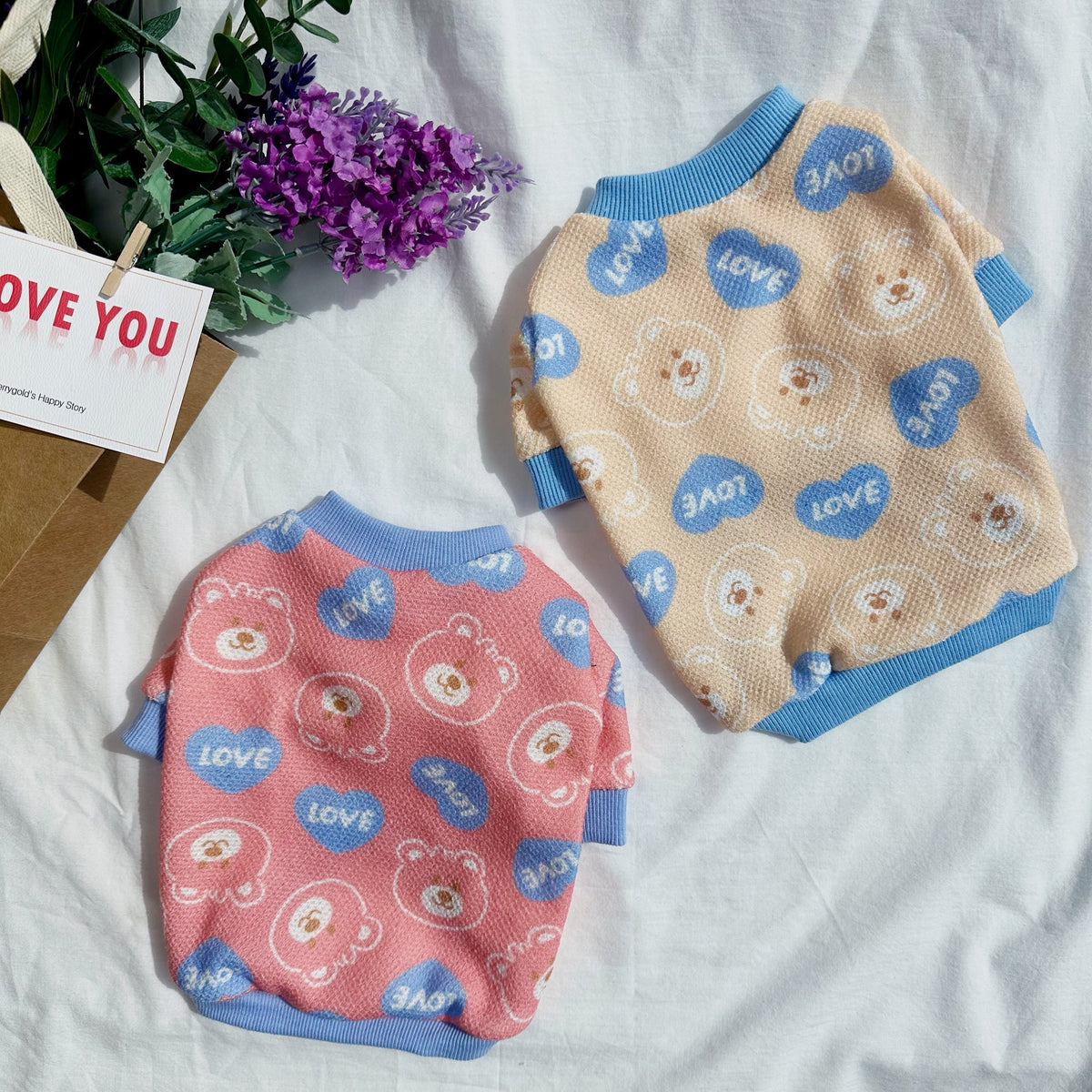 NKpup Love Bear dog shirts in pink and beige with heart and bear patterns.