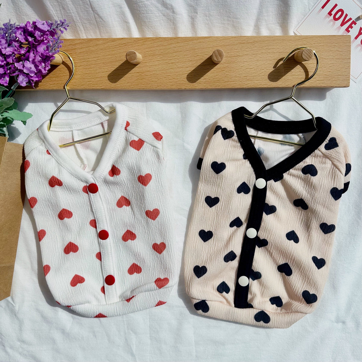 NKpup heart top shirts for dogs in white with red hearts and beige with black hearts