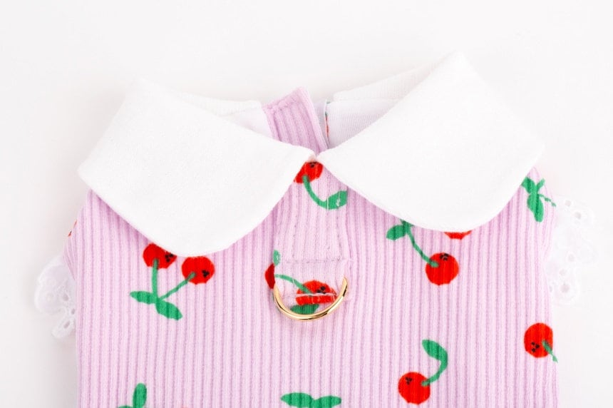 Pink cherry print dog dress with white collar and lace trim