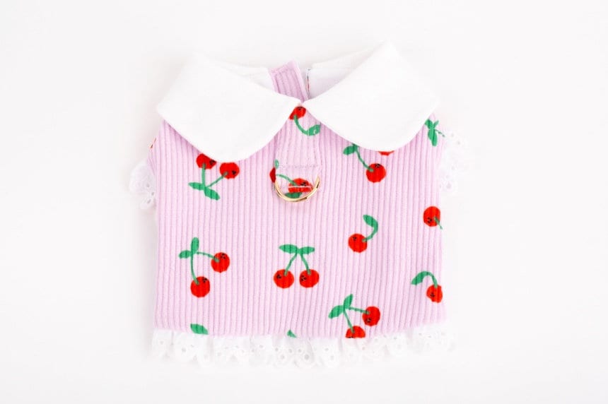 NKpup Cherry Dress Harness in pink with a white collar and cherry pattern