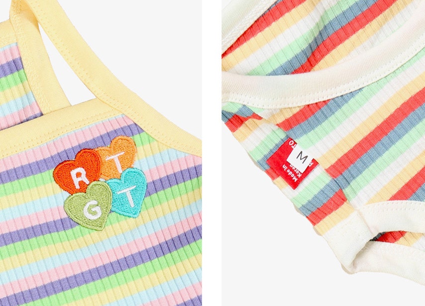 Rainbow ribbed dog top with colorful heart patches by NKpup