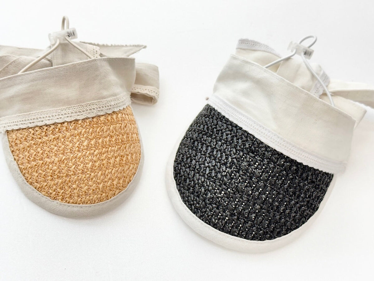NKpup Charming Straw Sun Hats for pets in beige and black woven textures with adjustable ties.