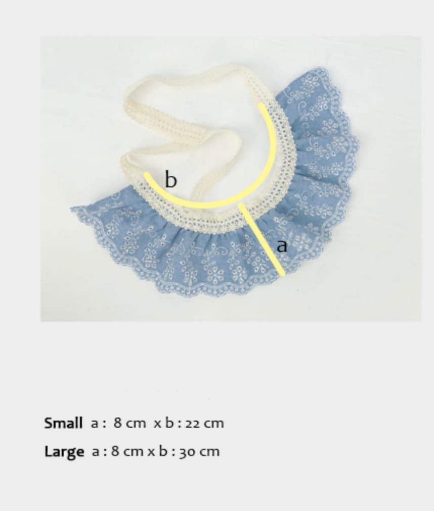 Denim lace dog cape with measurement guide for small and large sizes.