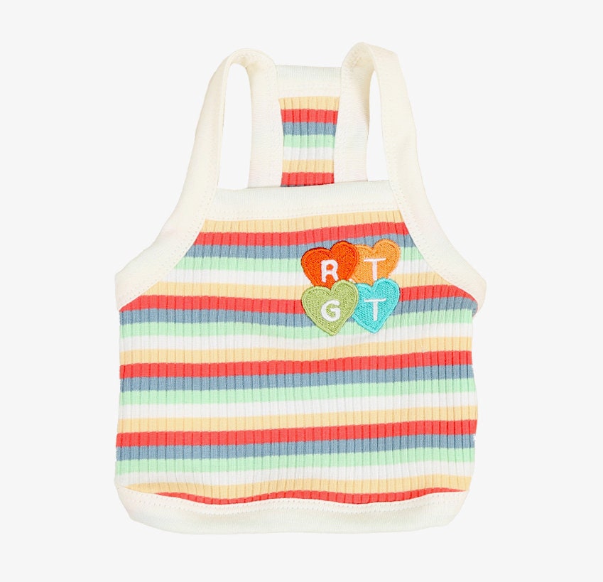 NKpup Rainbow Ribbed Top dog shirt with colorful stripes and heart patches