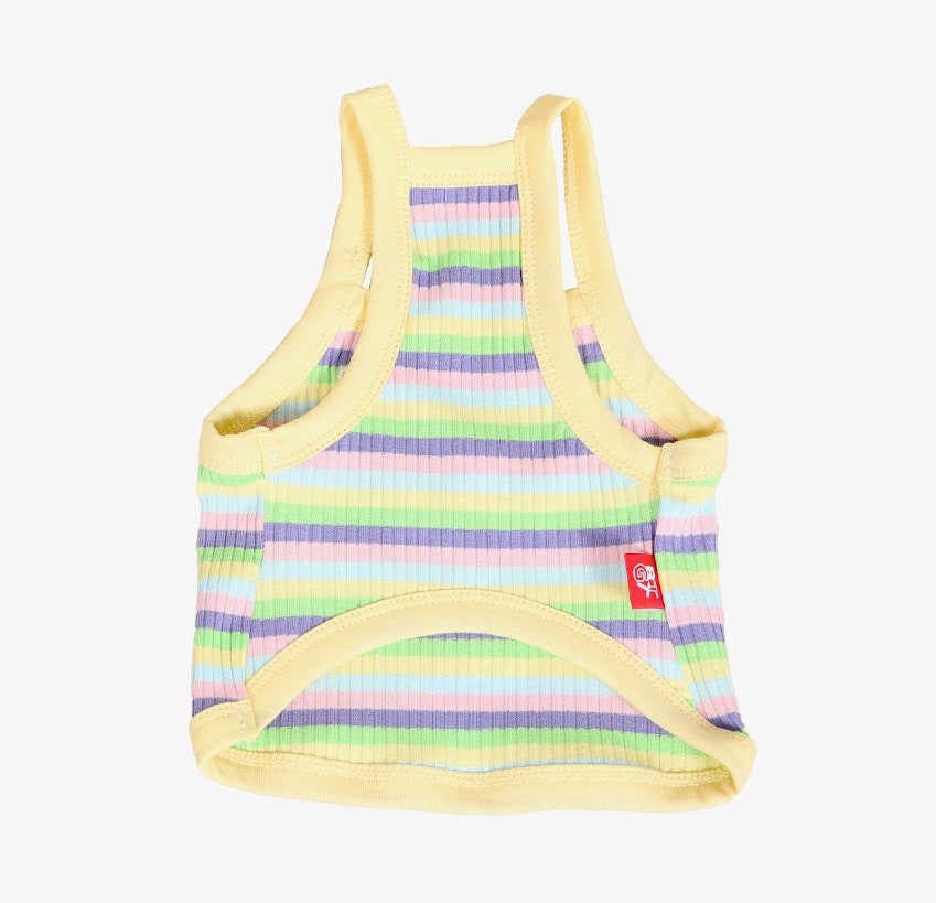 NKpup Rainbow Ribbed Top dog shirt with pastel multi-colored stripes and yellow trim.
