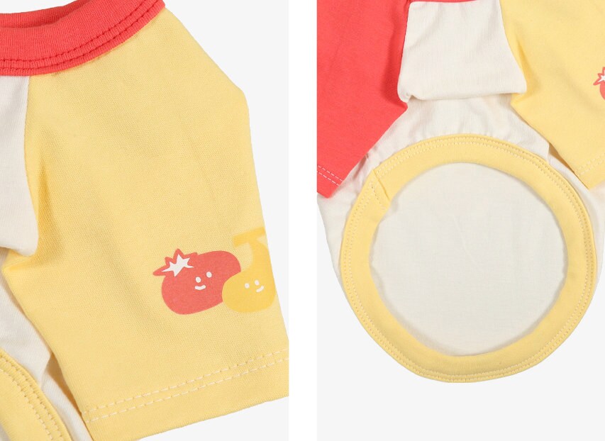 NKpup Veggie Color Block Top dog shirt in yellow, red, and white with fruit pattern details.