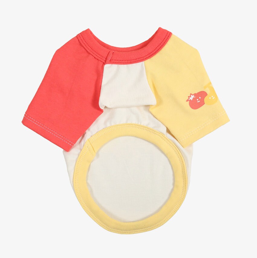 NKpup Veggie Color Block Top dog shirt in red, white, and yellow with tomato graphics.