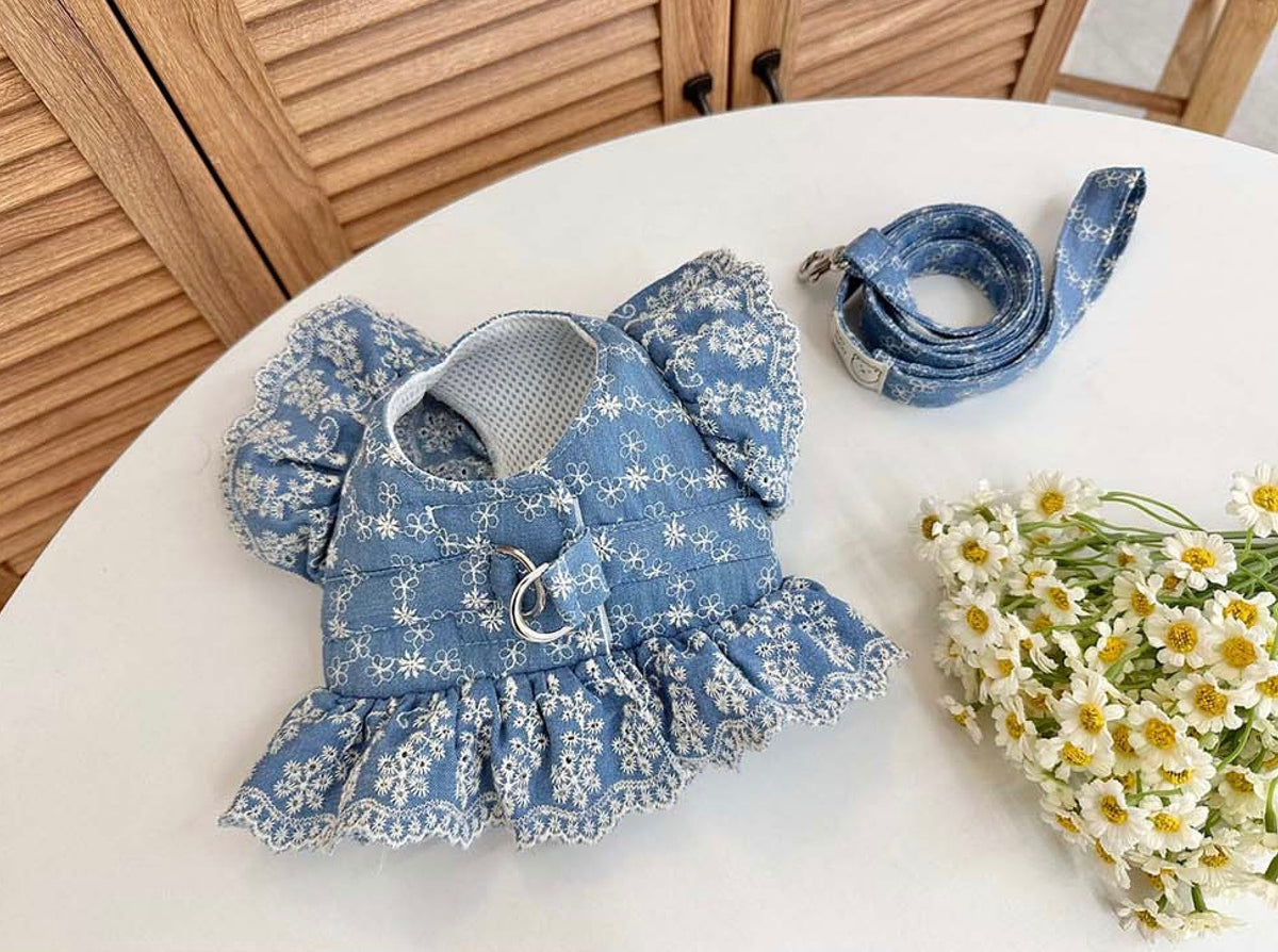 NKpup denim floral dog harness and leash set with white lace trim