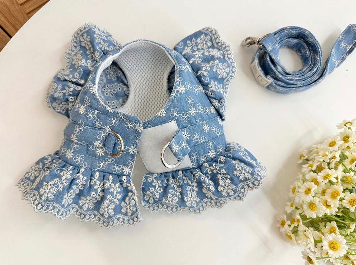 Blue denim floral dog harness and matching leash set by NKpup