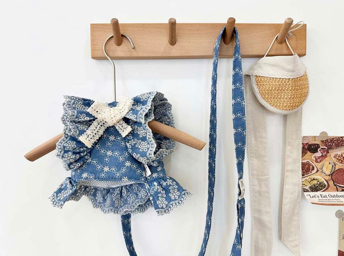 NKpup blue denim floral dog harness and leash set with a white lace bow
