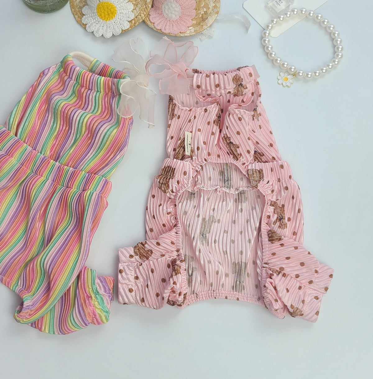 Bali Ribbon Dog Overall in pink with brown polka dots and ruffled leg openings.