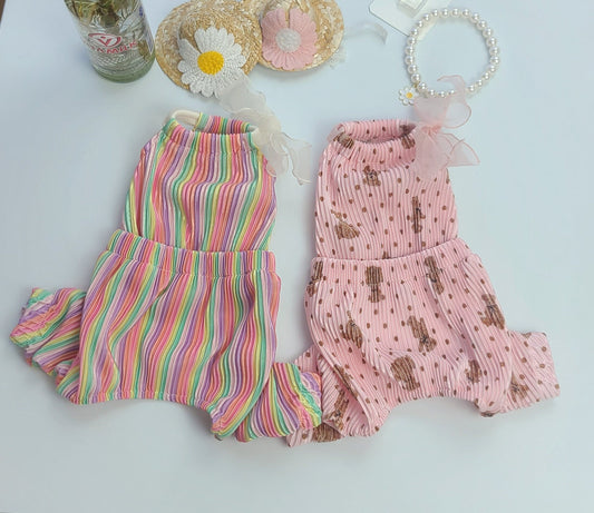 Pleated Ribbon Halterneck Overall, S-XL, Dog Jumpsuit, Small Dog Clothes, Dog Summer Dress, Dog Apparel, Pet Clothing