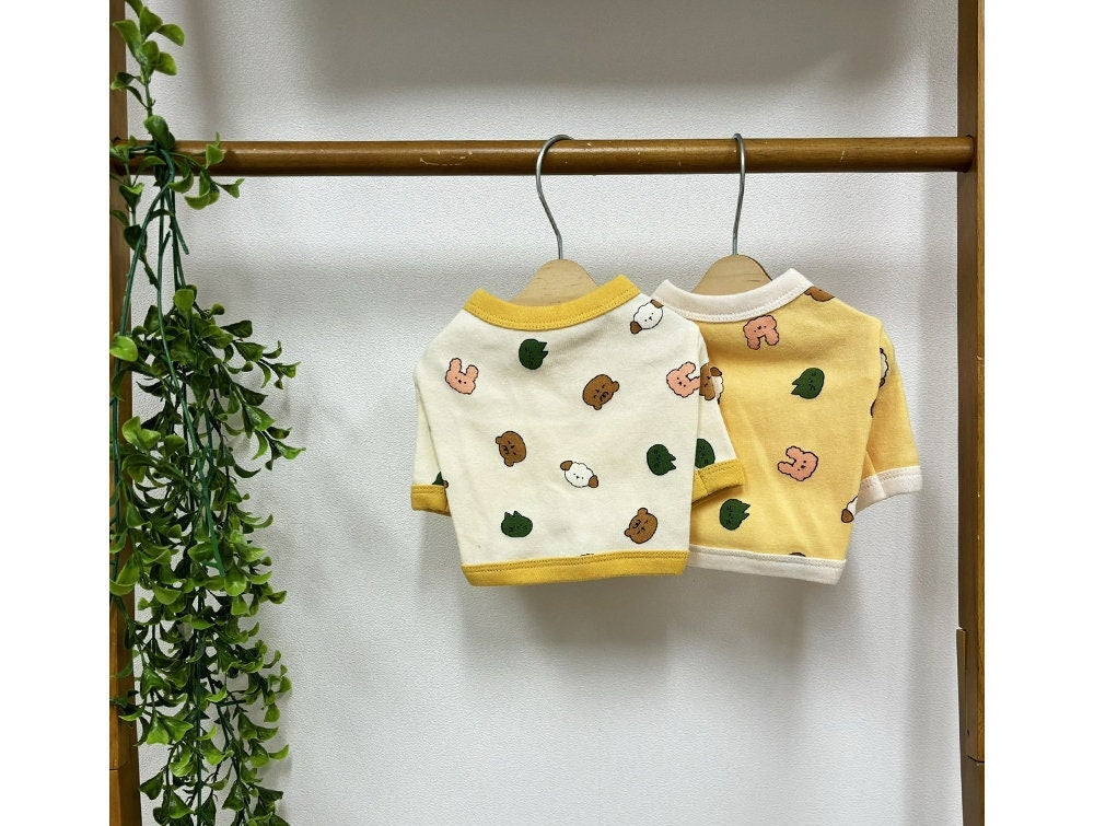 Zoo Crop Top dog shirts in cream and yellow with cute animal patterns