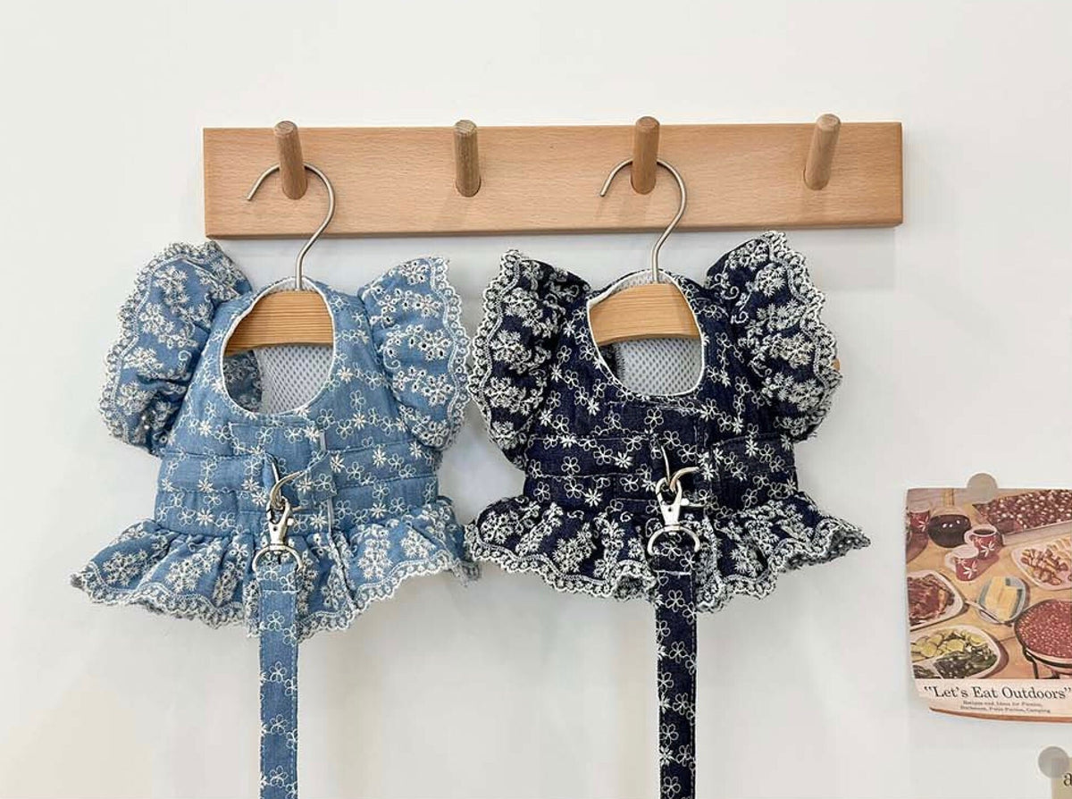 NKpup denim floral dog harness and leash sets in light blue and dark navy with lace trim