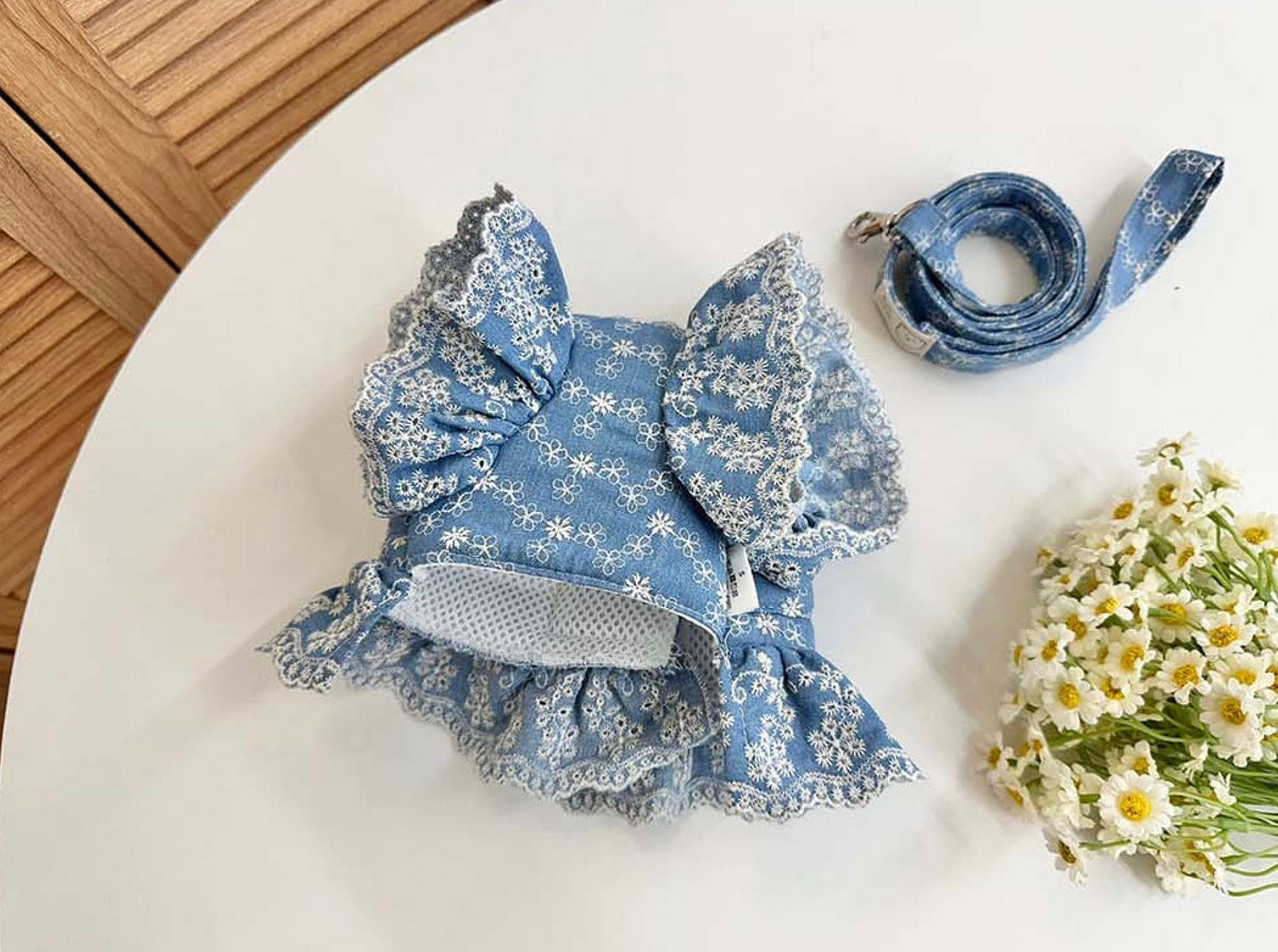 Denim floral dog harness and leash set with white lace ruffles.
