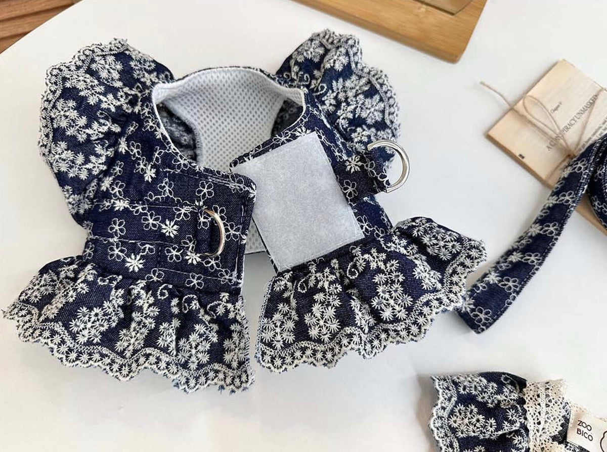 Denim floral print dog harness and leash set with ruffled edges.