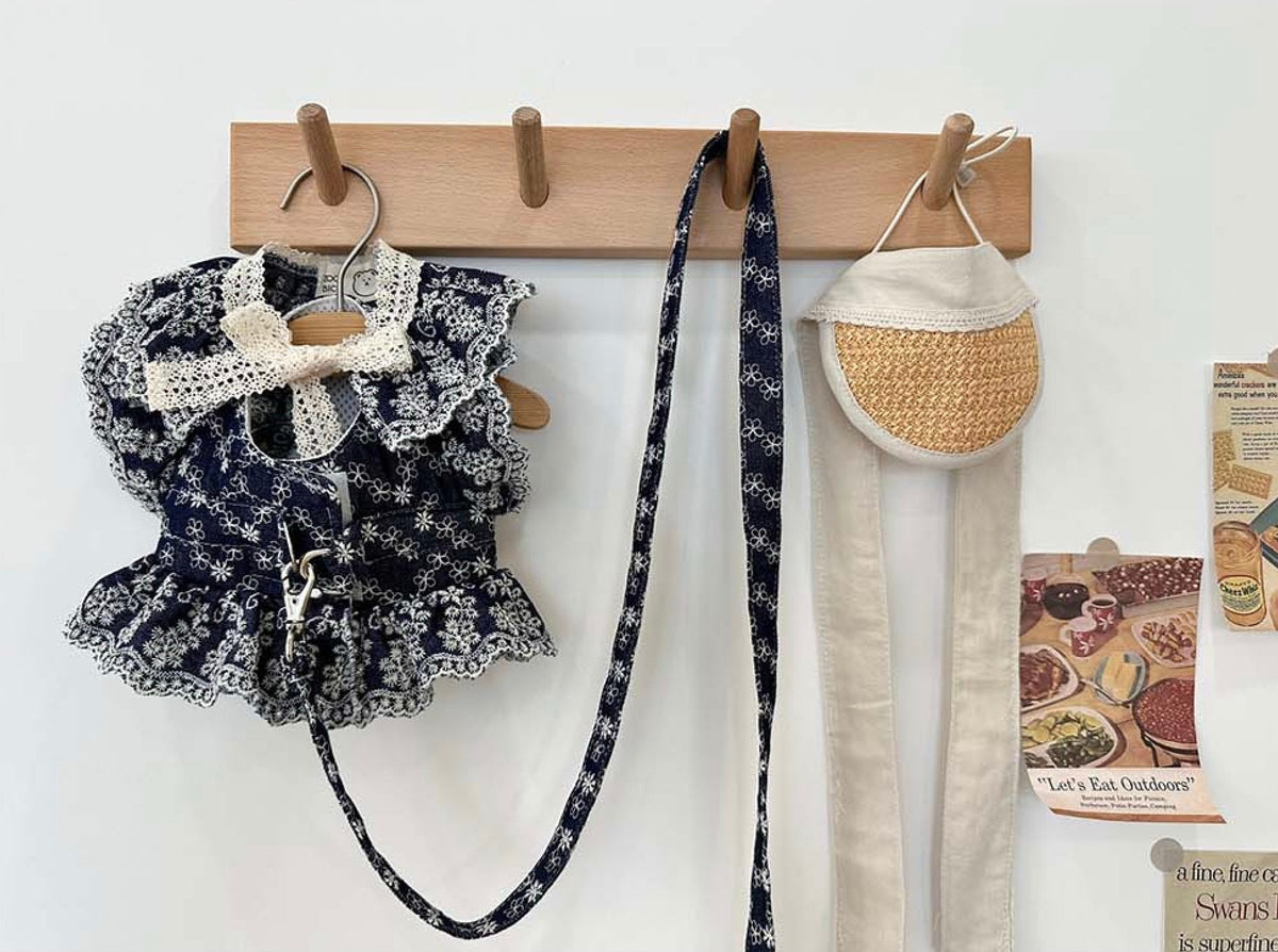 NKpup navy blue denim floral dog harness and matching leash set with lace trim and white bow