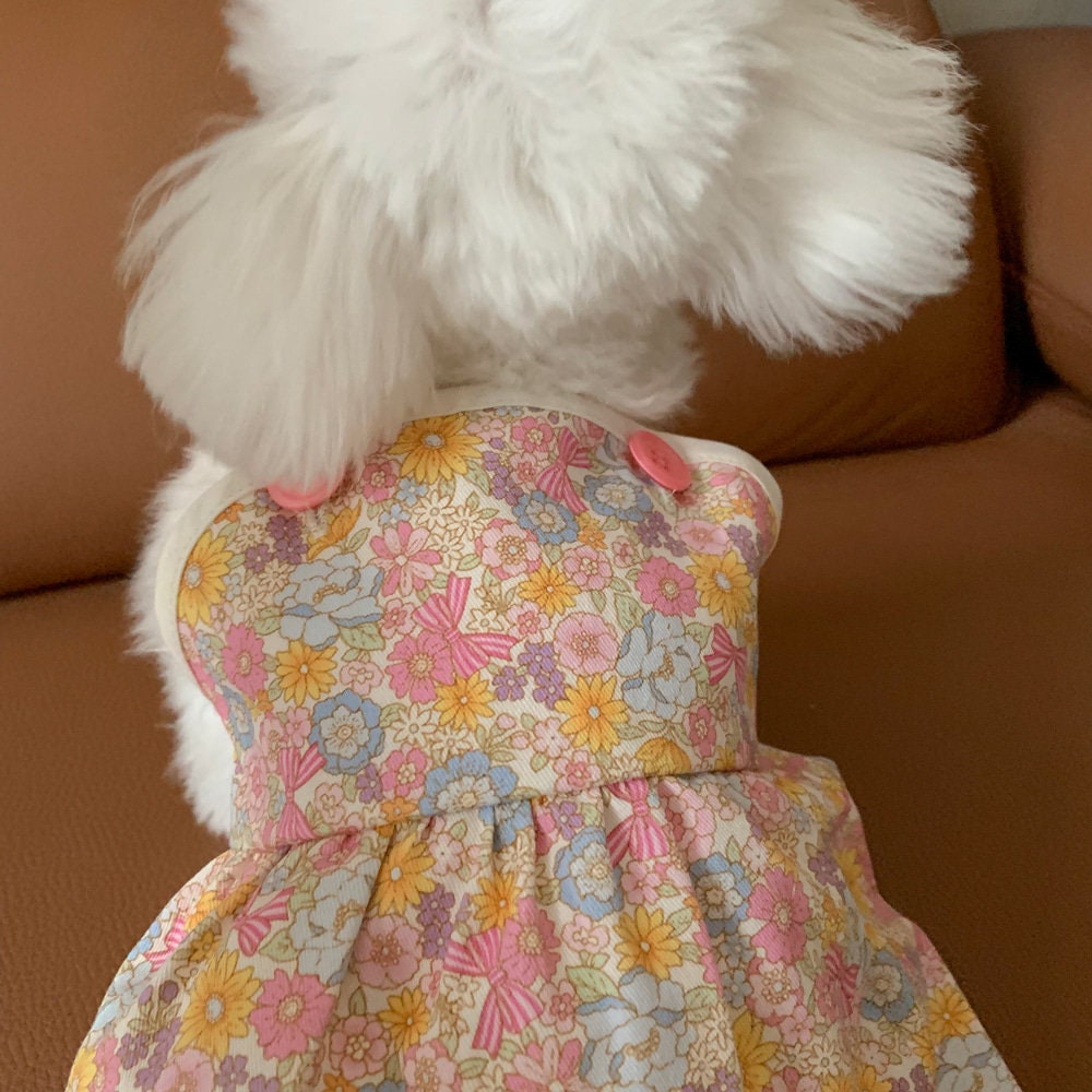 Vintage floral print dog dress with pink buttons