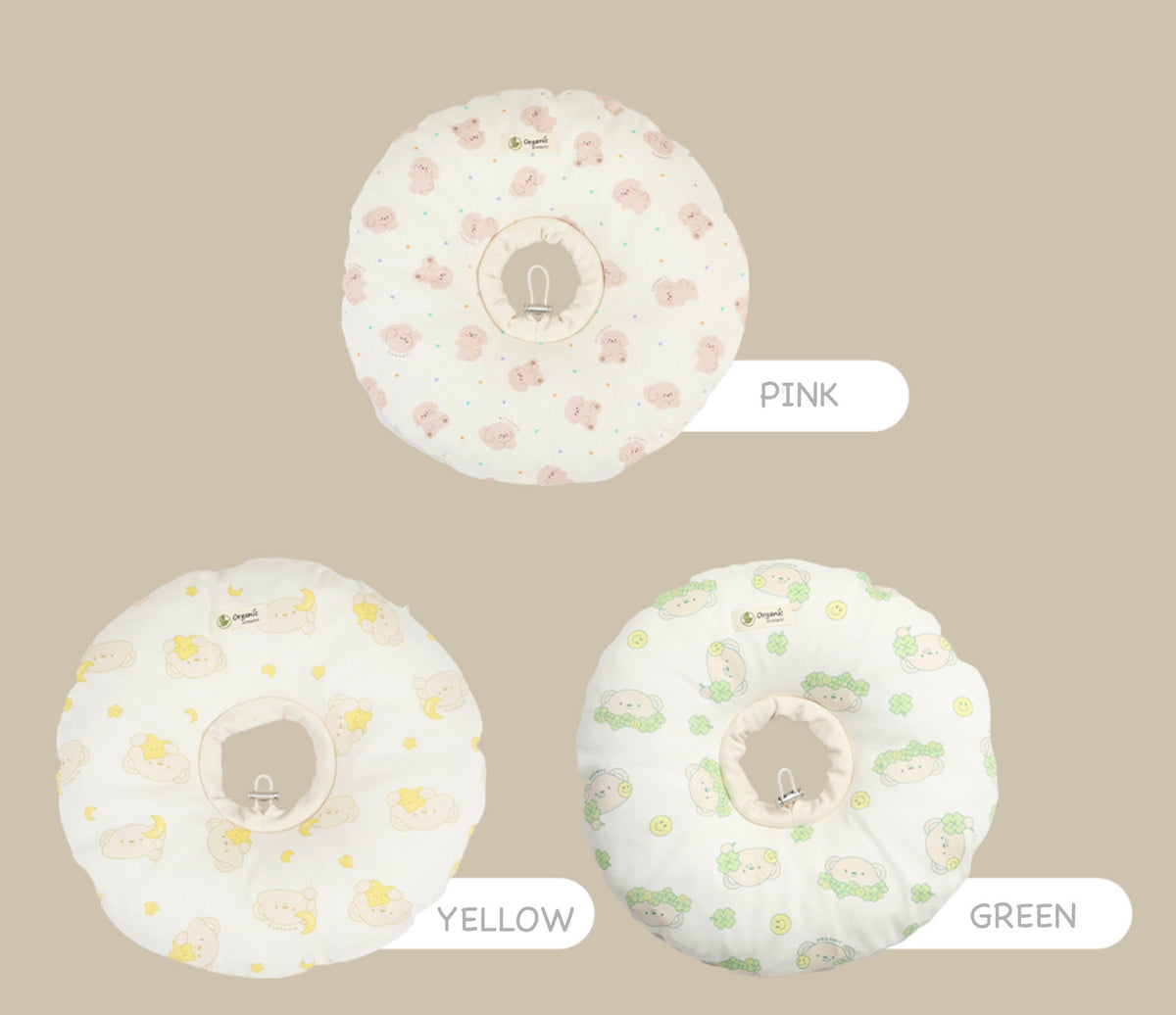 NKpup GOTS organic cotton cushion collar pet accessories in pink, yellow, and green colors.
