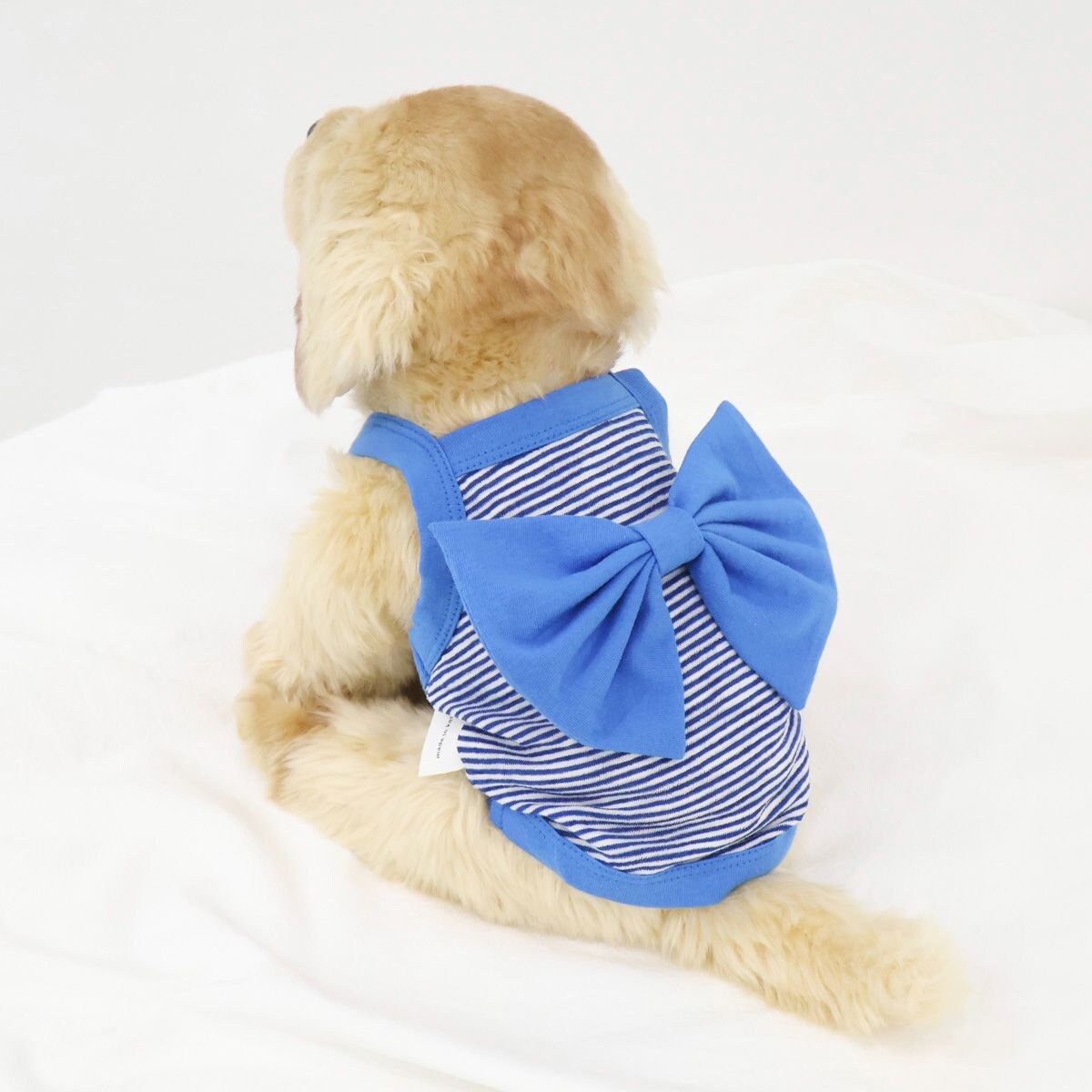 NKpup blue and white striped dog shirt featuring a large decorative ribbon on the back