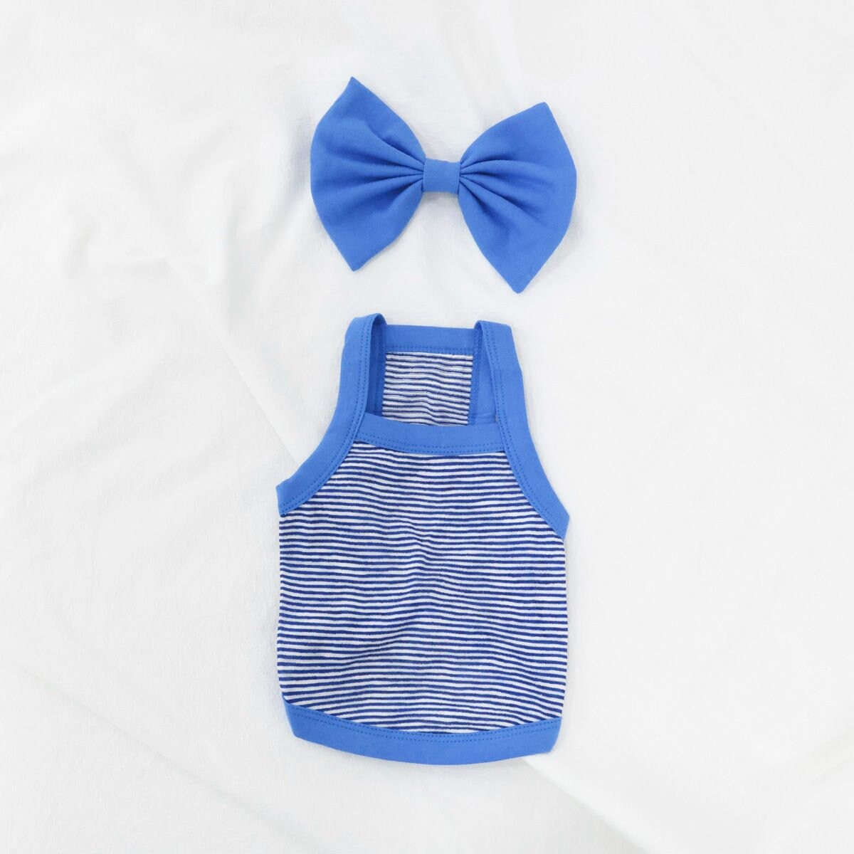 Blue and white striped Ribbon Stripe Top dog shirt with matching blue bow