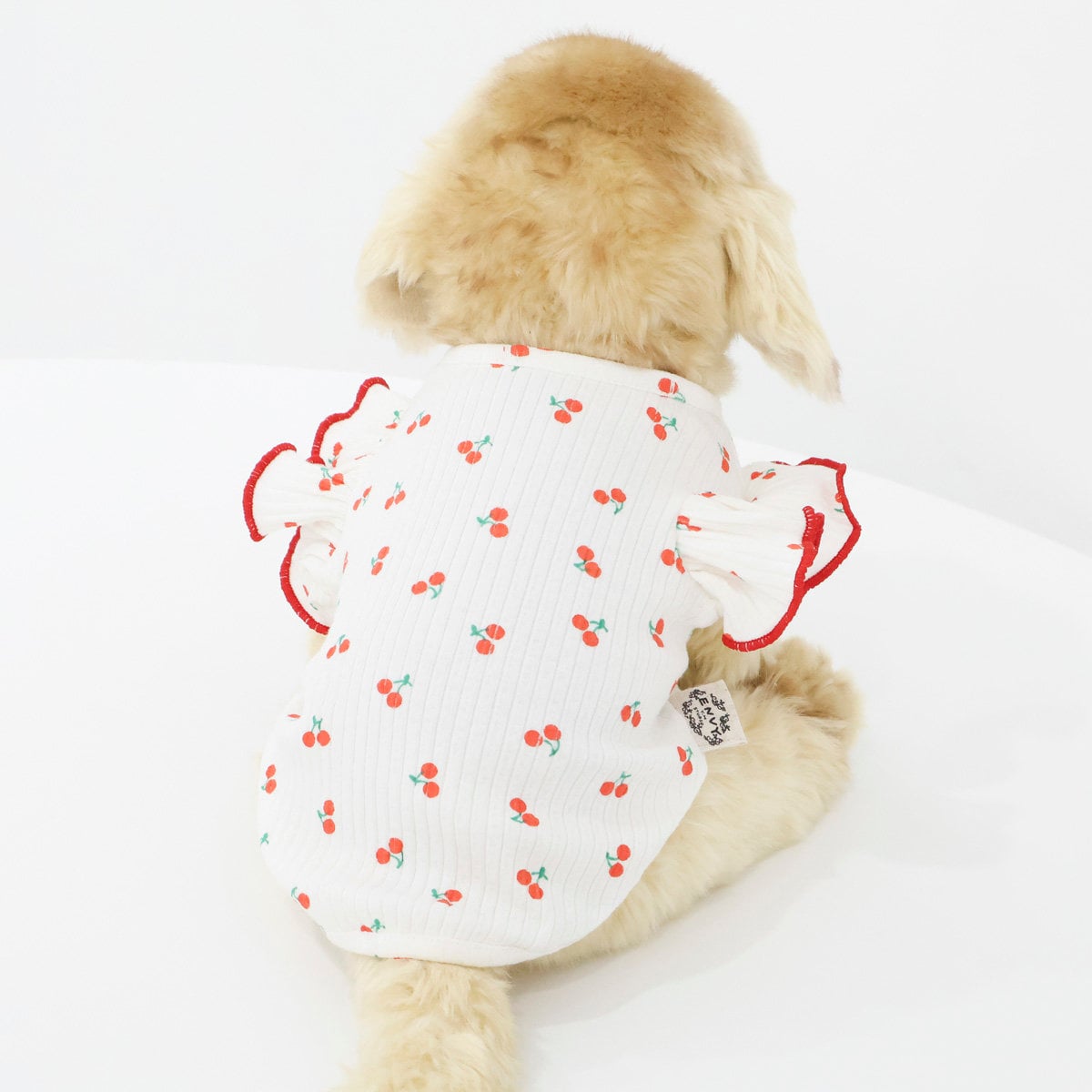 NKpup Cherry Ribbed T-Shirt for dogs in white with a red cherry pattern and ruffled sleeves